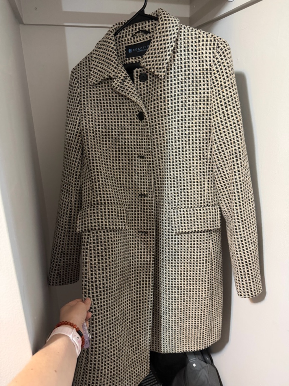 Kenneth Cole Reaction Black and Cream Checked Wool-Blend Pea Coat